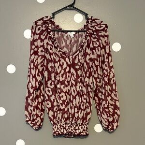 New York & Company Maroon and Beige Patterned Blouse